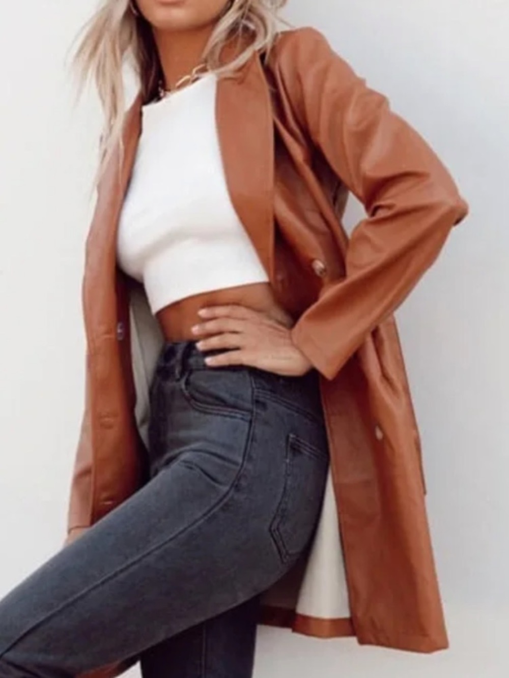 Princess Polly Trench Coat Tan Brown Vegan Faux Leather Chic Belted Jacket XS
